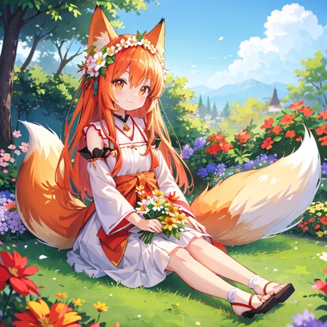 super high quality, , 8k,anime，cute，(giant fox tail:1.2)，，small flower headdress，smile、flower garden
.