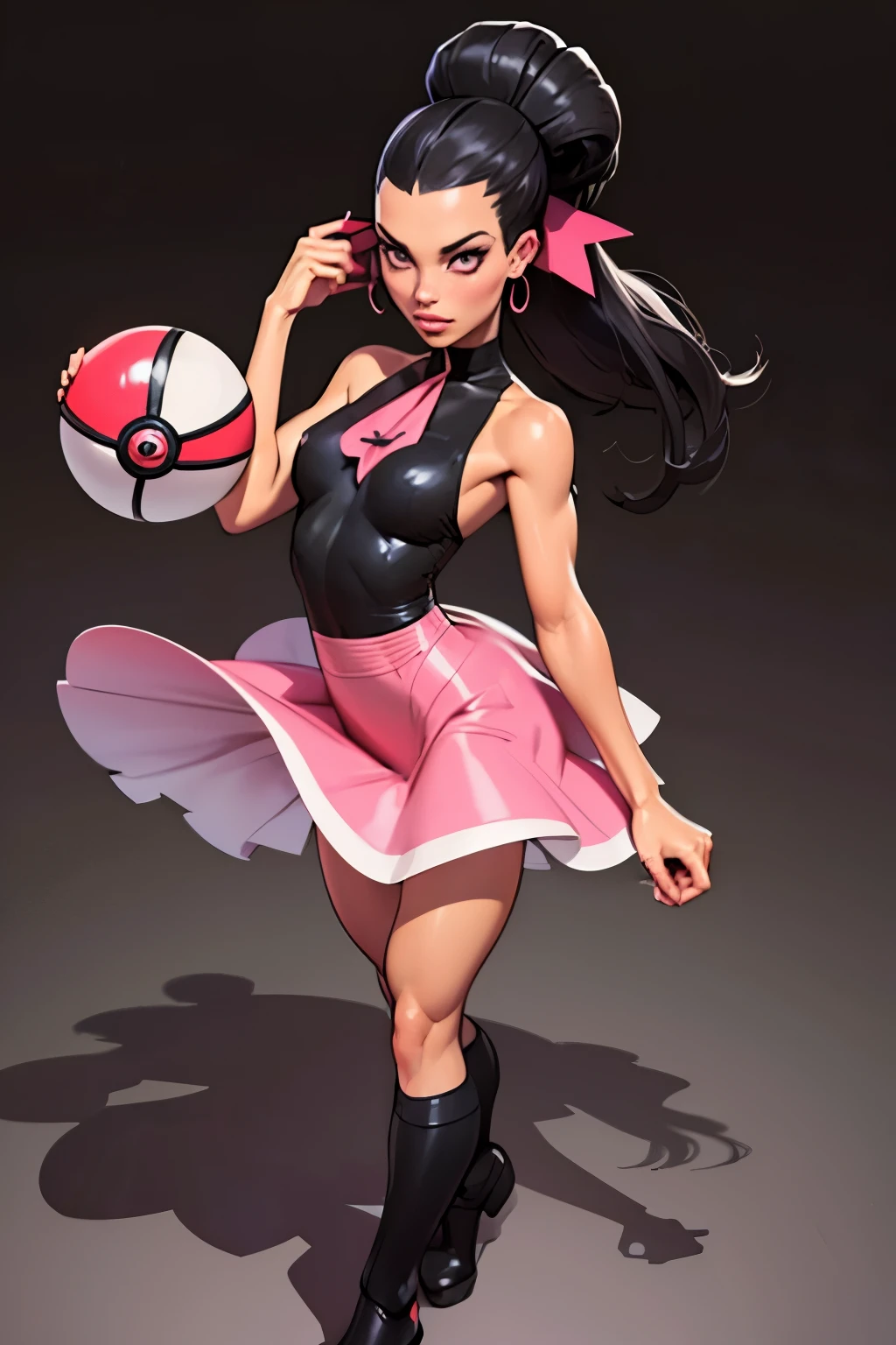 Obra maestra, Genera una ilustración de una Roxanne madura, líder de gimnasio de pokemon , (vestido gris claro), alta definición, sosteniendo una pokebola todo,  en traje negro, ascot rosa,(( pelo largo y negro)), cola de caballo gemela, cabello brillante, (senos pequeños:1.2), outfit en formato anime con un estilo serio, botas, constituir, Obra maestra, iluminación oscura, fondo negro, ((labios hinchados)),(abdominales delgados), hermoso rostro,