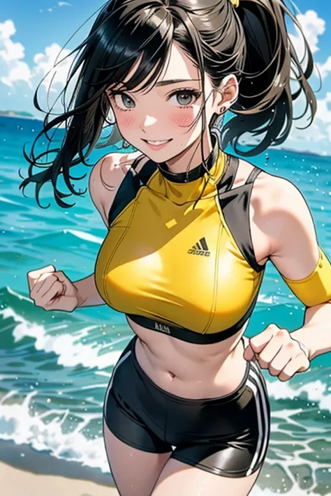 (Running by the sea 1.5), 1 beautiful girl, 17 years, Highly detailed face, Long hair in a ponytail,,, stripes, mischievous smil...