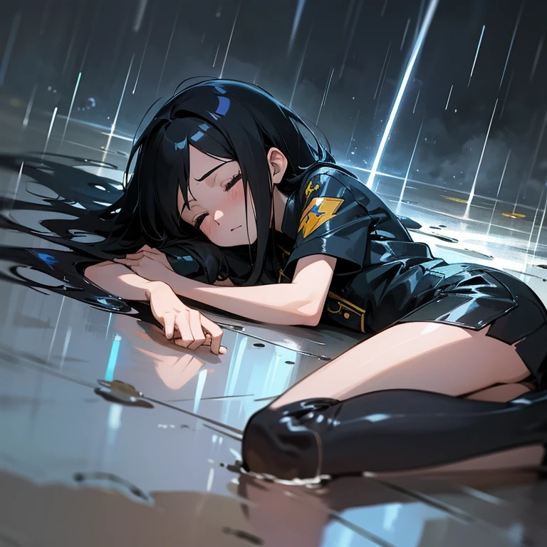 animé, mangas, illustration, très détaillé, peinture numérique, Fille d'anime aux cheveux noirs allongée dans la rue, Œil au beur noir, et les yeux fermés en écoutant la pluie en étant allongée sur le dos au sol, et ciel orageux avec des éclairs en arrière-plan, Elle porte une tenue de détective. Elle entend le bruit des gouttes de pluie.