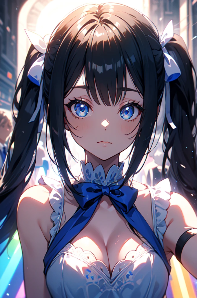 twin tails, black hair, air ornament, white dress, blue bowtie, cleavage cutout, blue ribbon, arm ribbon, short dress, white gloves, barefoot, blue bow, blue bowtie, bow, bowtie, cleavage, cleavage cutout, clothing cutout, dress, gloves, pencil dress, (rei no himo:1.5), short dress, white dress, white gloves, masterpiece:1.3), (High resolution), (8K), (very detailed), (4k), (pixiv), perfect face, beautiful eyes and face, (highest quality), (Super detailed), detailed face and eyes,((highest quality)),((table top)),((perfect face)), detailed５two-fingered hand,1 girl and city background, ((holographic)), (stripes of light), impressive visuals, Like the cover of a movie, (dynamic streak, path of light:1.2), bright colors, and face up,dynamic pose,