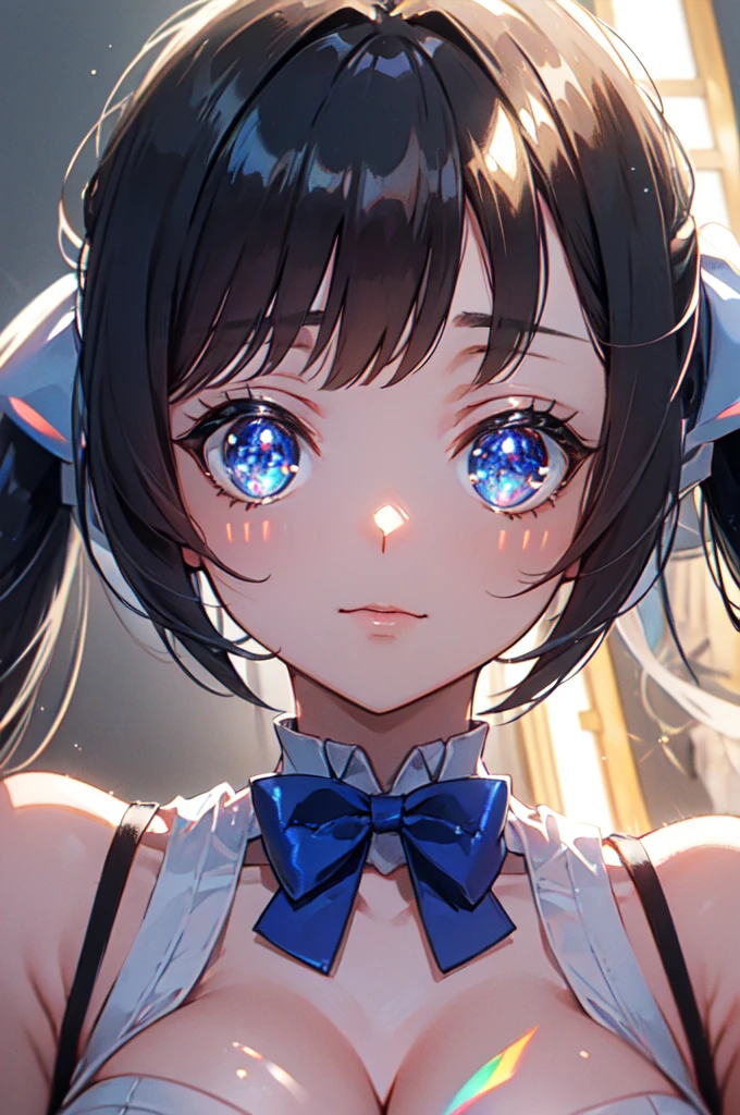 twin tails, black hair, air ornament, white dress, blue bowtie, cleavage cutout, blue ribbon, arm ribbon, short dress, white gloves, barefoot, blue bow, blue bowtie, bow, bowtie, cleavage, cleavage cutout, clothing cutout, dress, gloves, pencil dress, (rei no himo:1.5), short dress, white dress, white gloves, masterpiece:1.3), (High resolution), (8K), (very detailed), (4k), (pixiv), perfect face, beautiful eyes and face, (highest quality), (Super detailed), detailed face and eyes,((highest quality)),((table top)),((perfect face)), detailed５two-fingered hand,1 girl and city background, ((holographic)), (stripes of light), impressive visuals, Like the cover of a movie, (dynamic streak, path of light:1.2), bright colors, and face up,dynamic pose