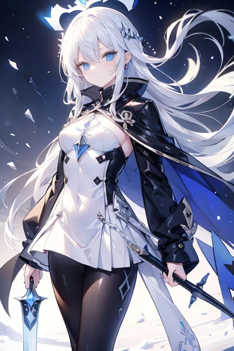 a woman, young, 19 years old, swordsman, long white hair, skin as white as snow, cold gaze, blue eyes like crystal, black sweate...