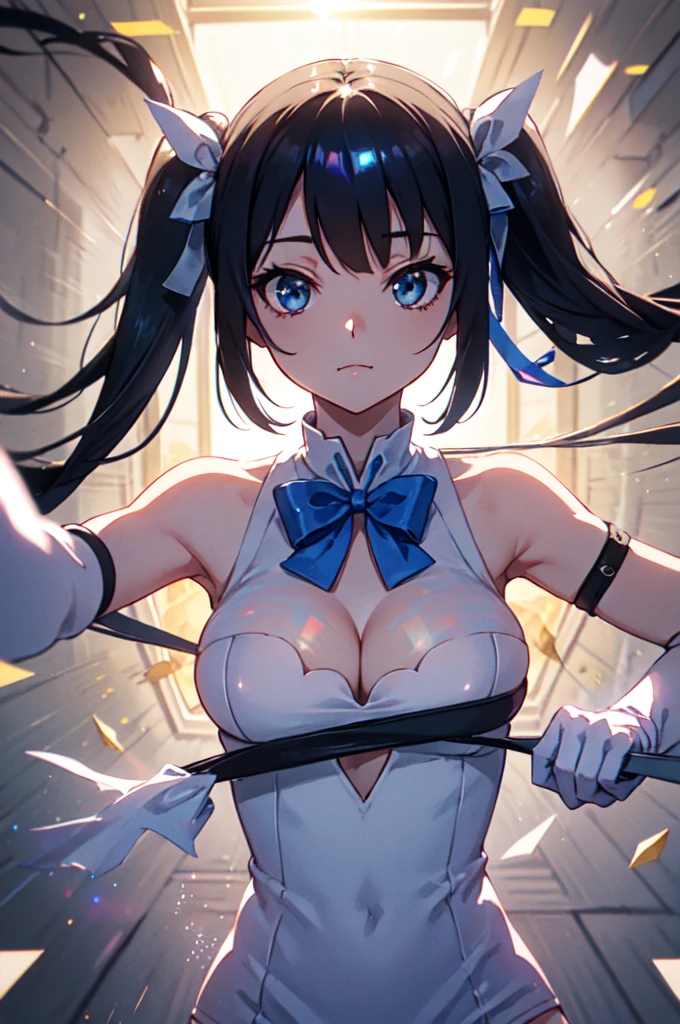 full body, twin tails, black hair, air ornament, white dress, blue bowtie, cleavage cutout, blue ribbon, arm ribbon, short dress, white gloves, barefoot, blue bow, blue bowtie, bow, bowtie, cleavage, cleavage cutout, clothing cutout, dress, gloves, pencil dress, (rei no himo:1.5), short dress, white dress, white gloves, masterpiece:1.3), (High resolution), (8K), (very detailed), (4k), (pixiv), perfect face, beautiful eyes and face, (highest quality), (Super detailed), detailed face and eyes,((highest quality)),((table top)),((perfect face)), detailed５two-fingered hand,1 girl and city background, ((holographic)), (stripes of light), impressive visuals, Like the cover of a movie, (dynamic streak, path of light:1.2), bright colors, and face up,dynamic pose