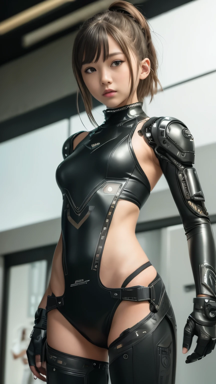 alta calidad, ​obra maestra, dos amigos cercanos, Hermosas chicas preadolescentes, chicas flacas pequeñas, linda cara de niña, ciberpunk, Wearing futuristic robotic tactical leather shear armor ciberpunk suit with cutouts showing abs, cuerpo atlético flaco, Inocente, juguetón, Actrices famosas de Japón., cara muy hermosa