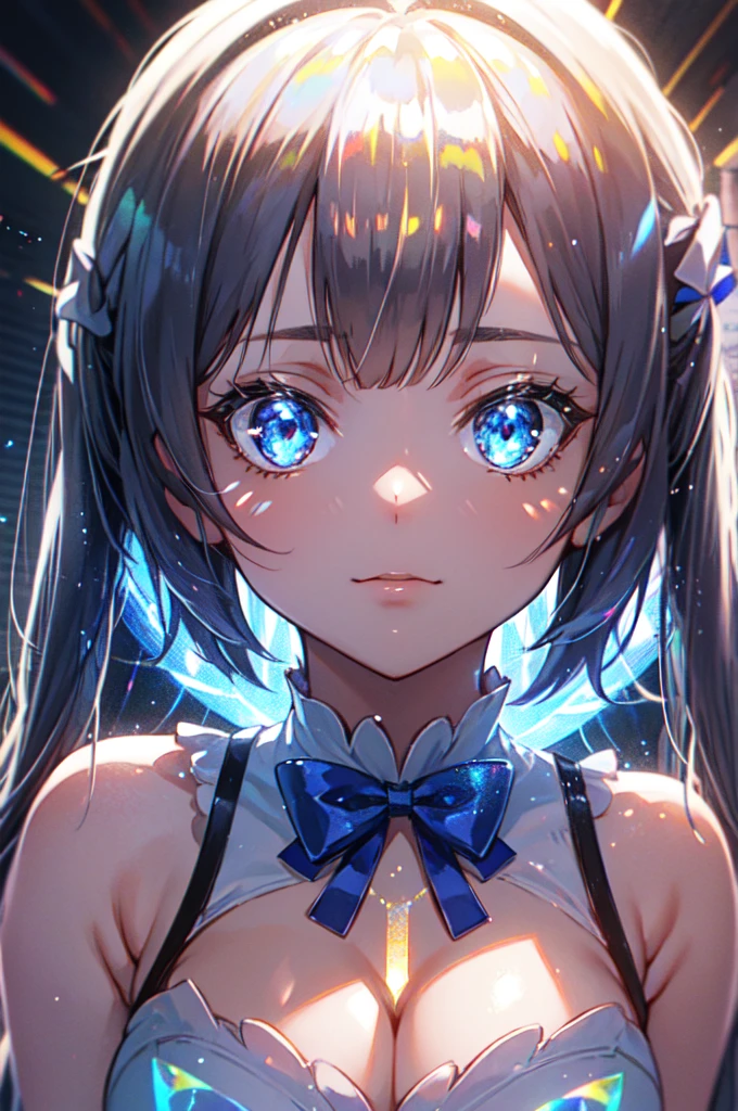 full body, twin tails, black hair, air ornament, white dress, blue bowtie, cleavage cutout, blue ribbon, arm ribbon, short dress, white gloves, barefoot, blue bow, blue bowtie, bow, bowtie, cleavage, cleavage cutout, clothing cutout, dress, gloves, pencil dress, (rei no himo:1.5), short dress, white dress, white gloves, masterpiece:1.3), (High resolution), (8K), (very detailed), (4k), (pixiv), perfect face, beautiful eyes and face, (highest quality), (Super detailed), detailed face and eyes,((highest quality)),((table top)),((perfect face)), detailed５two-fingered hand,1 girl and fantasy style, ((holographic)), (stripes of light), impressive visuals, Like the cover of a movie, (dynamic streak, path of light:1.2), bright colors, and face up,dynamic pose