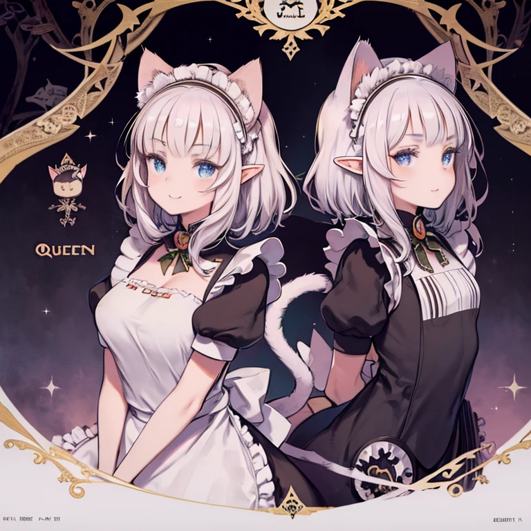 Beautiful woman, (queen of elves:1.4) sit on the throne,(cat maid clothes:1.8) , perfect face, full body, victorian era, noble dress, intricate decoration, spelling, speaking, smile, turn your arms behind your back, soft rim light, beautiful detailed sky, masterpiece, ultra high resolution, high quality, 4k,