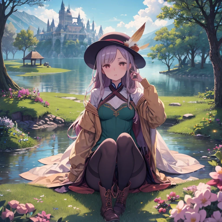 highest quality, (masterpiece:1.2), figure, disorganized,  (1 girl, alone), (beautiful detailed girl),, Aeolia, lilac hair, long hair, red eyes, medium breasts,, Happy, Hilarious,, green hat, hat with feathers, green dress, green coat, (fantasy:1.1) (Medieval:1.1) clothing, (black_pantyhose:1.1), white shirt, brown shorts, fleece lined boots, brown boots,, magical forest, flowers, fairy ring, ancient ruins, Stone ruins, lake, null, cloud