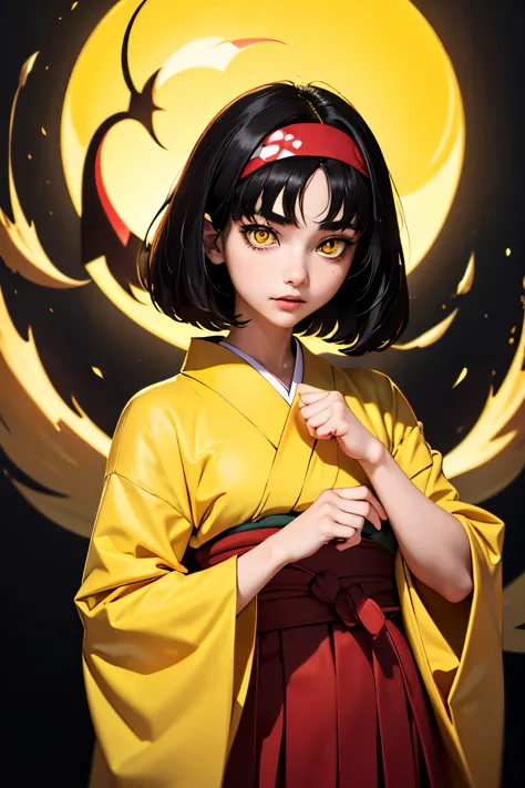 (masterpiece, best quality), 1girl,  pokemonerika, (yellow eyes:1.5), black hair, headband, short hair, japanese clothes, kimono...