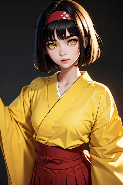 (masterpiece, best quality), 1girl,  pokemonerika, (yellow eyes:1.5), black hair, headband, short hair, japanese clothes, kimono...