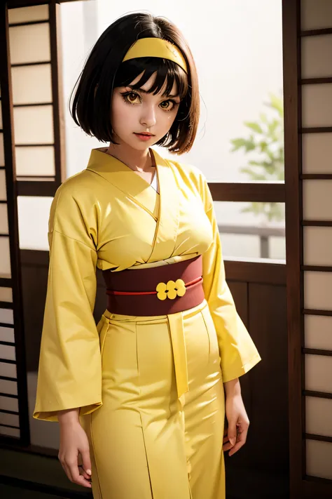 (masterpiece, best quality), 1girl,  pokemonerika, (yellow eyes:1.5), black hair, headband, short hair, japanese clothes, kimono...