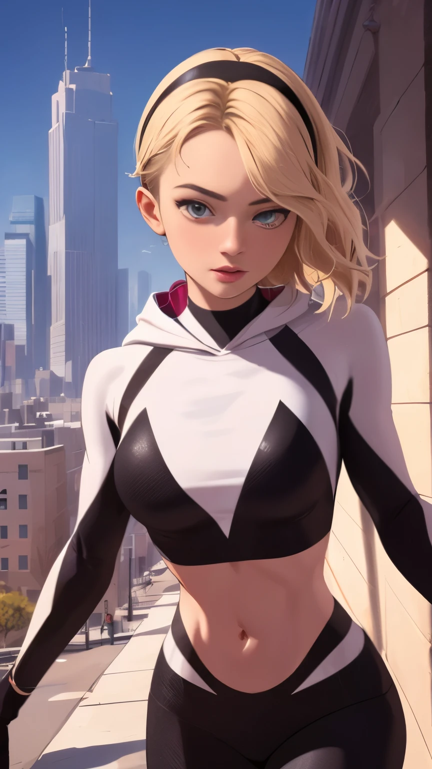 (Highly quality, masterpiece, detailed), city detailed scenario, city detailed background, solo, Gwen, blonde hair, multicolored hair, short hair, hairband, crop top, web-print, hood down, gloves, navel, on top of a building, perfect face, beautiful eyes, look at the viewer, Sexy pose