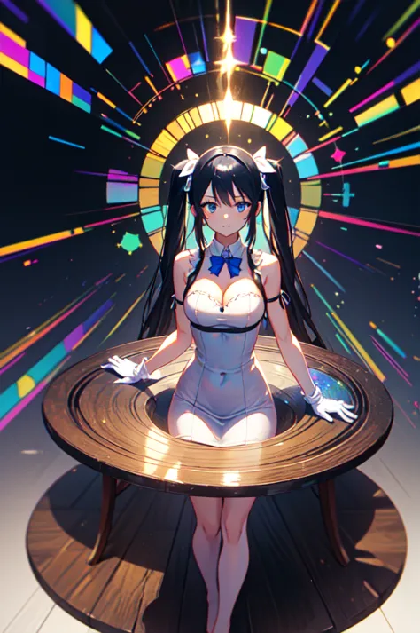 Stained glass background, full body picture, spread legs, full body, twin tails, black hair, air ornament, white dress, blue bow...