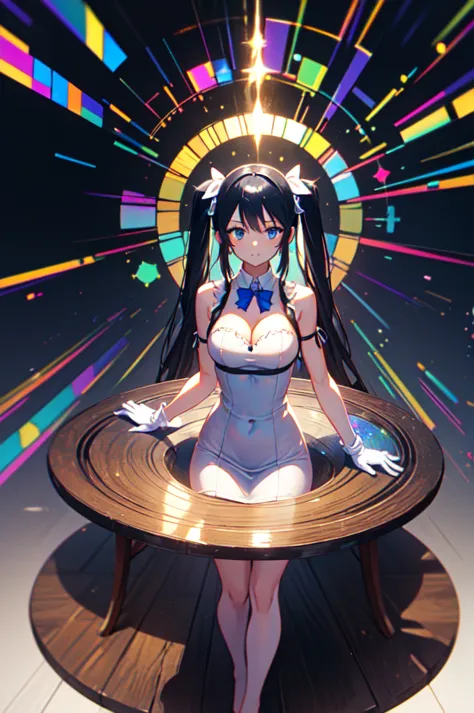 stained glass background, full body picture, spread legs, full body, twin tails, black hair, air ornament, white dress, blue bow...