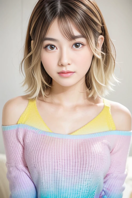 hermosa mujer japonesa、1 person,muy bonita y delgada、Estilo excepcional 、((imagen 8k、calidad súper alta))、cara muy delicada, Piel y cabello、cabello corto、cabello revuelto,(((((((cabello degradado、rubio))))))),Cara japonesa muy linda、Los ojos y la nariz son claramente visibles.、ojos amables,(((suéter con hombros descubiertos)))、tiro de cuerpo completo