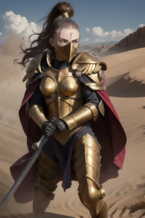 photo of 1girl, , wearing sistersilence armor, mask details, topknot,wavy hair, full armor, detailed shoulder armor, pauldron, g...