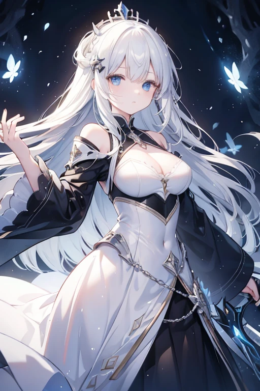 girl，white hair，blue eyes，glowing eyes，glowing eyes，glowing eyes，long hair，Dark system，Long white and black dress，armor，Silvery crown，Queen，brandishing a sword，poster，incredible，big occasion，best quality，epic，Tyndall effect，enchanted forest