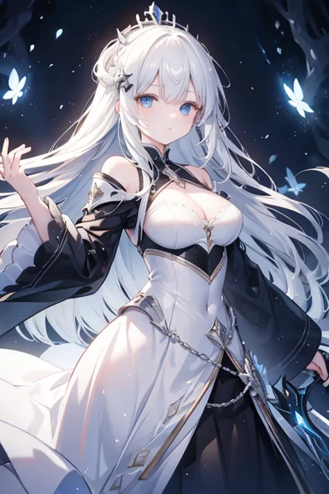 girl，white hair，blue eyes，glowing eyes，glowing eyes，glowing eyes，long hair，dark system，long white and black dress，armor，silvery ...