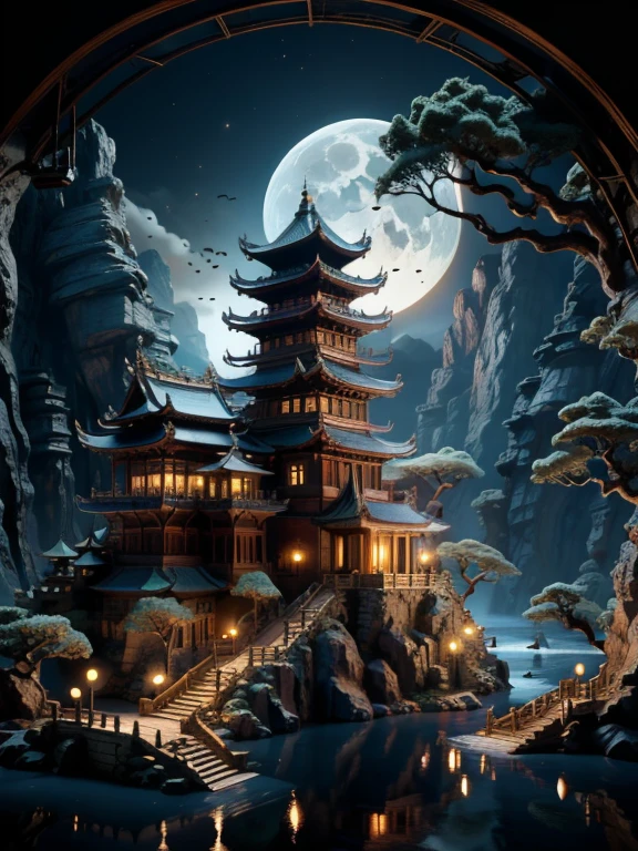 ville antique,Extérieur,Ciel,eau,arbre,Non_Humanité,nuit,lune,architecture,paysage,complet_lune,réflexion,lanterne,escaliers,montagne,architecture,pont,Est_asiatique_architecture,pagode,éclairage de cinéma,fort contraste,高細節eau平,Meilleure qualité,chef-d&#39;œuvre,