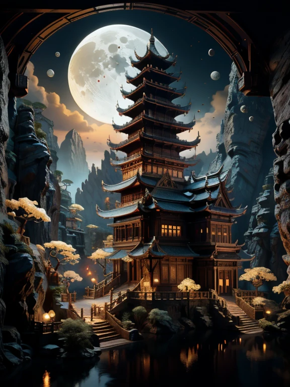 ville antique,Extérieur,Ciel,eau,arbre,Non_Humanité,nuit,lune,architecture,paysage,complet_lune,réflexion,lanterne,escaliers,montagne,architecture,pont,Est_asiatique_architecture,pagode,éclairage de cinéma,fort contraste,高細節eau平,Meilleure qualité,chef-d&#39;œuvre,