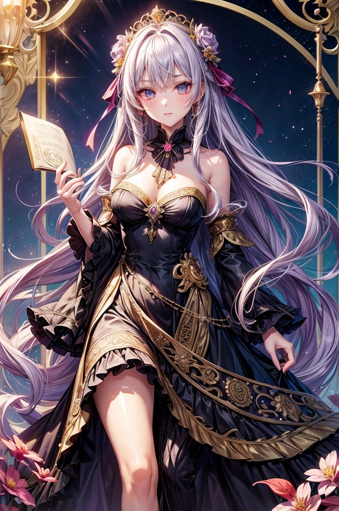 1girl, long hair, bright hair color, seductive eyes, mysterious expression, mature appearance, charming dress, flowing dress, elegant jewelry, intricate decoration, magic symbols, glowing accessories, potions, scrolls, cute accents, bows, ribbons, flowers,