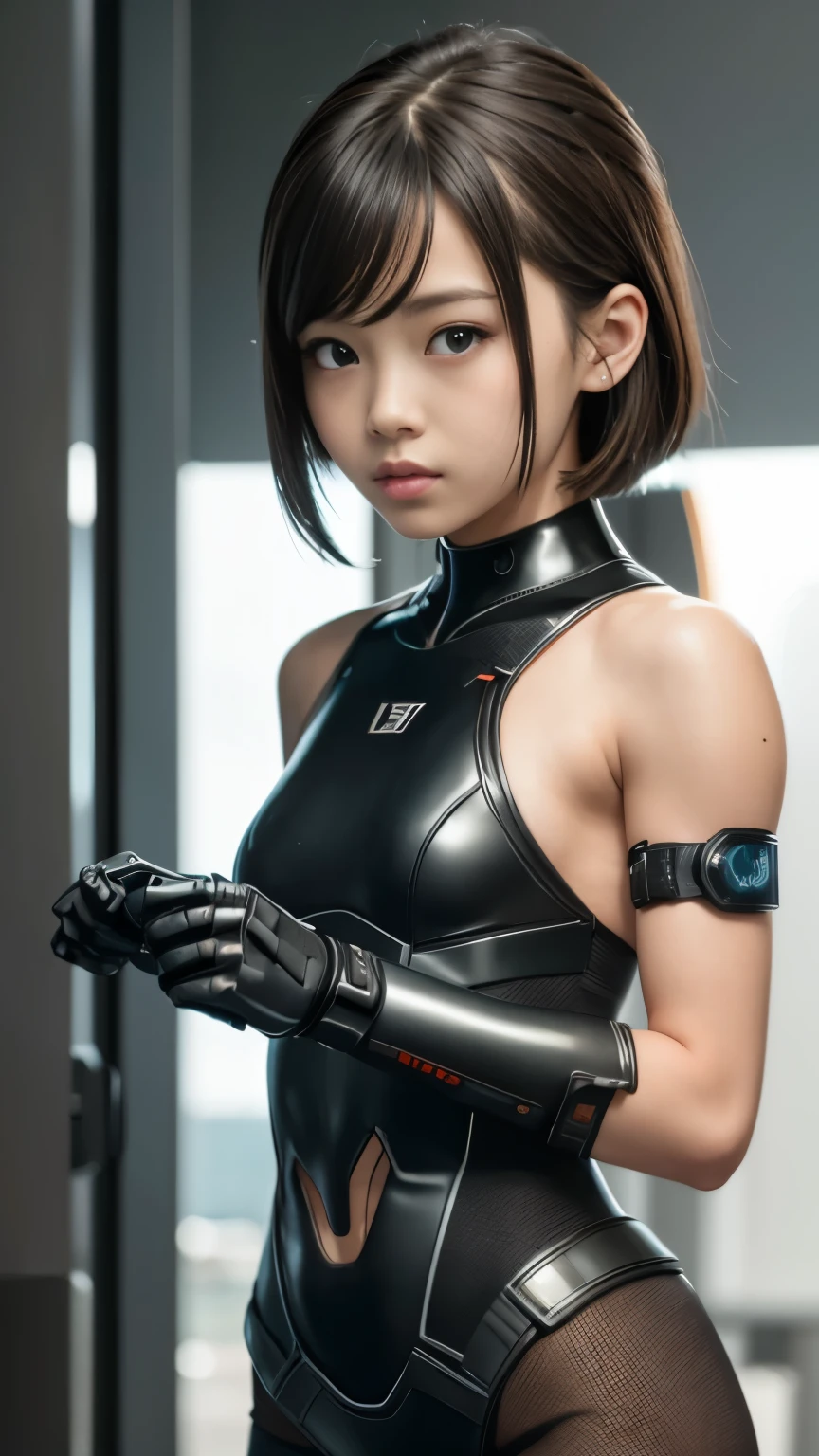 alta calidad, ​obra maestra realista, dos amigos cercanos, Hermosas chicas preadolescentes, chicas flacas pequeñas, linda cara de niña, ciberpunk, Wearing futuristic robotic tactical shear armor ciberpunk suit with cutouts showing abs, cuerpo atlético flaco, inocente, juguetón, Actrices famosas de Japón., Rostro muy hermoso