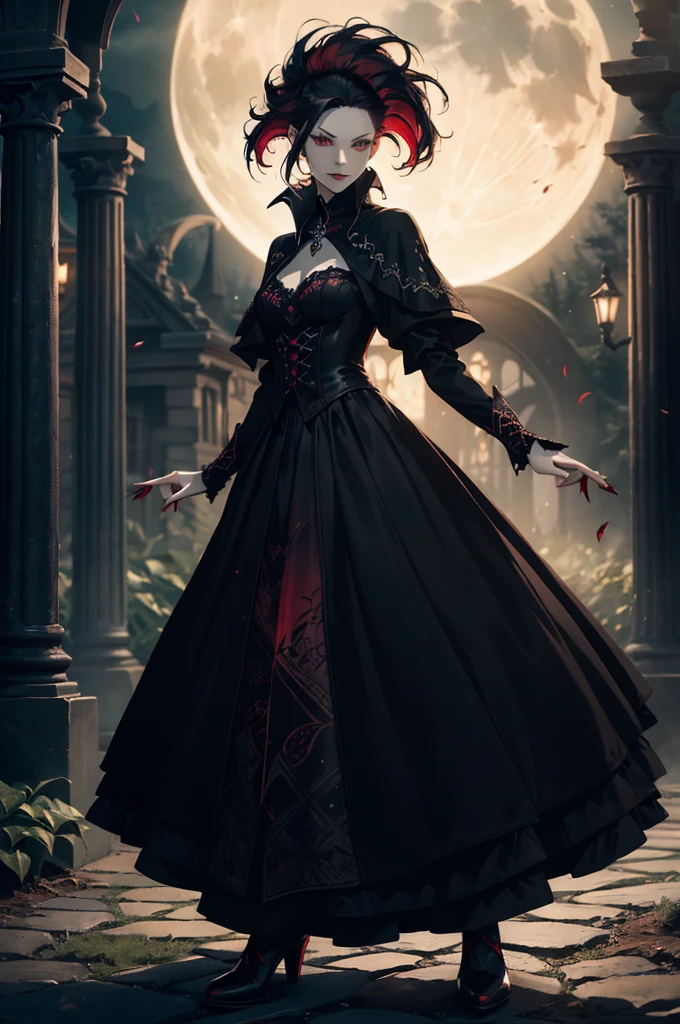 (Dhampir)((masterpiece, best_quality)), fantasy, 1girl, (photorealistic:1.4), solo, skirt, ((full_body)),(pale skin,sexy vampire,((black/red ombre hair))),(sexy witch outfit),1girl,illustration,ultra-detailed,(best quality,4k,8k,highres,masterpiece:1.2),intense gaze,sharp fangs,elegant pose,piercing eyes,moonlit garden,sinister atmosphere,vibrant colors,dramatic lighting