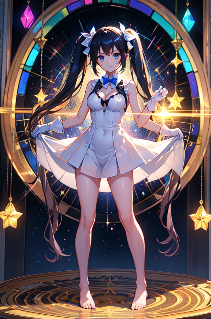 
Background stained glass, background night sky, Background stars shining,  full body picture, spread legs, full body, twin tails, black hair, air ornament, white dress, blue bowtie, cleavage cutout, blue ribbon, arm ribbon, short dress, white gloves, barefoot, blue bow, blue bowtie, bow, bowtie, cleavage, cleavage cutout, clothing cutout, dress, gloves, pencil dress, (rei no himo:1.5), short dress, white dress, white gloves, masterpiece:1.3), (High resolution), (8K), (very detailed), (4k), (pixiv), perfect face, beautiful eyes and face, (highest quality), (Super detailed), detailed face and eyes,((highest quality)),((table top)),((perfect face)), detailed５two-fingered hand,1 girl and fantasy style, ((holographic)), (stripes of light), impressive visuals, Like the cover of a movie, (dynamic streak, path of light:1.2), bright colors, and face up,dynamic pose