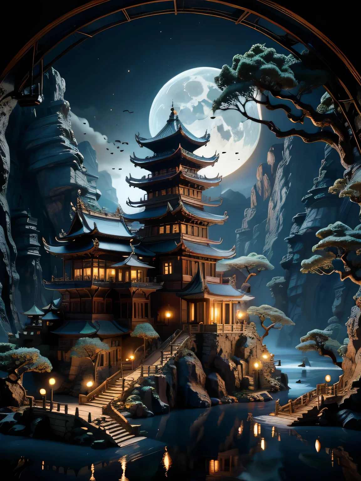 ancient city,outdoor,Sky,water,Tree,No_Humanity,night,moon,architecture,landscape,full_moon,reflection,lantern,stairs,Mountain,architecture学,bridge,East_Asian_architecture学,pagoda,movie lighting,strong contrast,High detail water leveling,best quality,masterpiece,