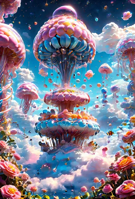 (Very unified cg scene design）,(character  design），( epic skyship floating in the clouds），pink and blue，jellyfish，starlights，ros...
