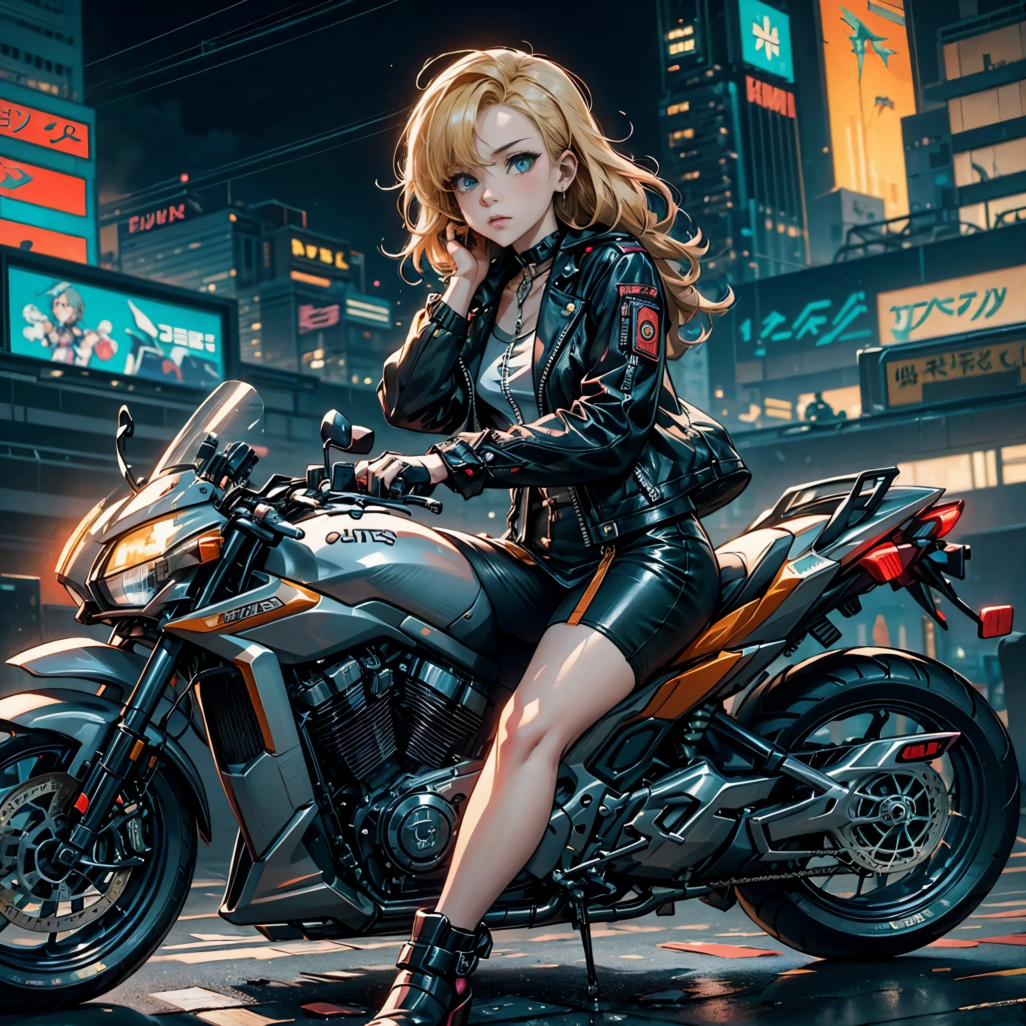 Múltiples poses y expresiones., hoja de personaje, Mujer rubia vestida de cuero sentada en una motocicleta, Sentado en una bicicleta cyberpunk, estilo de carrera perdida, chica anime ciberpunk, Al estilo de Los Tran, arte del anime ciberpunk, ciberpunk digital - arte anime, anime ciberpunk, digital arte del anime ciberpunk, female chica anime ciberpunk, Obra de arte estilo Gwaites, Wojtek Füss, anime ciberpunk moderno