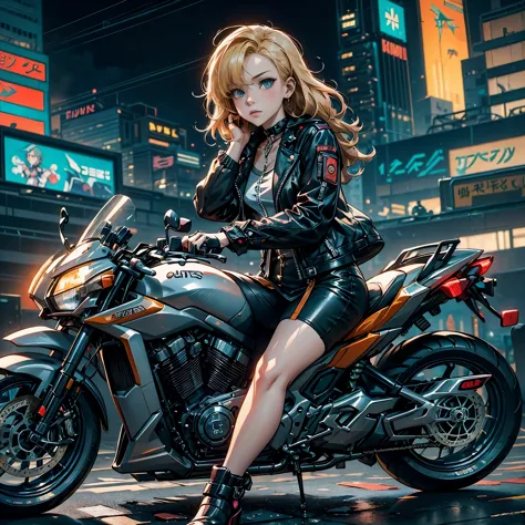 multiple poses and expressions, character sheet, Blonde woman in leather clothes sitting on a motorcycle, sitting on a cyberpunk...