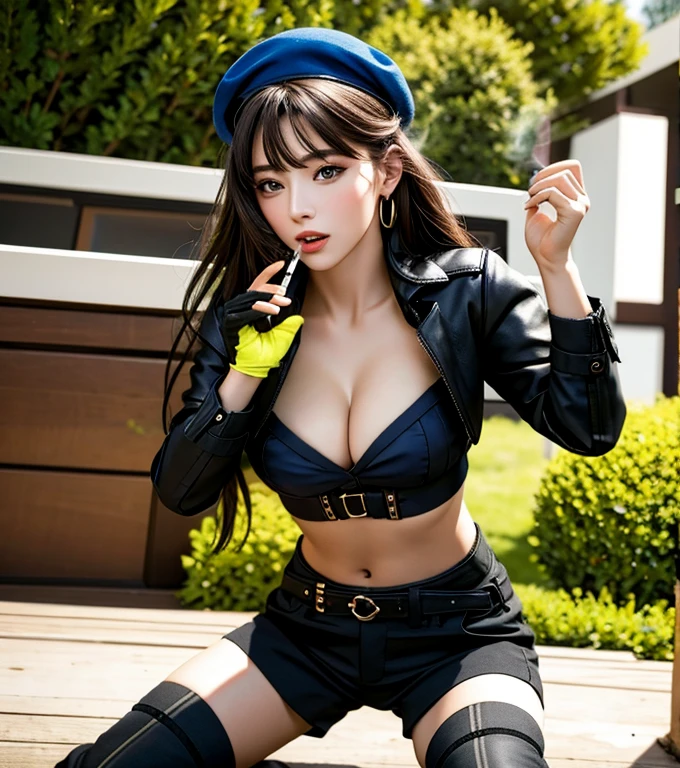  22 years old, (milf:0.8), (solo:1.5), (sfw:1.25), cute breast, beautiful breasts, medium tits, thin waist, big ass:1.0, Raised sexy, (beret, black jacket, open clothes, cleavage, midriff, black shorts, black thighhighs, thigh strap, fingerless gloves, single glove:1.2), blue eyes, light smile, big , Revimpling fabric, earrings, Hand gloves, detailed face,(smoking:1.3),long hair,side ponytail,hair between eyes,bangs,detailed and beautiful eyes,beautiful detailed lips,Rolling her eyes,manner,hair over one eye, (ultra high resolution, 8K RAW photo, photo realistics, thin outline:1.3, clear focus), best qualtiy, natural lighting, textile shading, blurry back ground, field depth, (Bright pupils, fine detailed beautiful eyes with highlight:1.3, high detailed face), Red lip, fine realistic skins:1.1, looking down viewers:1.3, (dynamic angle:1.3, front view:1.1, breast focus:1.3, from below:1.2), (dynamic posing:1.5, sexy posing:1.2),Youghal, side lock, hair ornaments, hair band,nice,garden background,artistic rendering,Super detailed,(highest quality,4k,8K,High resolution,masterpiece:1.2),Bright colors,studio lighting
