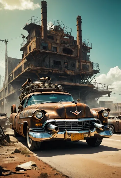 faithful image of an old rusty 1955 cadilac eldorado with METAL spikes on the hood, War vehicle, COM MUITOS ESPINHOS AO REDOR. R...