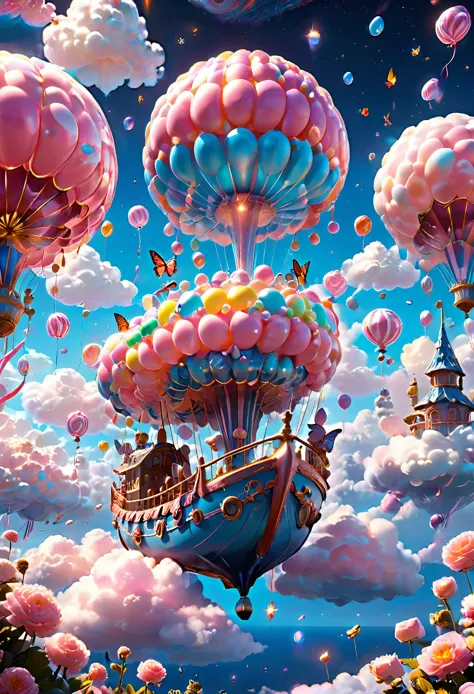 (Very unified cg scene design）,(character  design），( epic balloon ship floating in the clouds），pink and blue，starlights，rosette，...