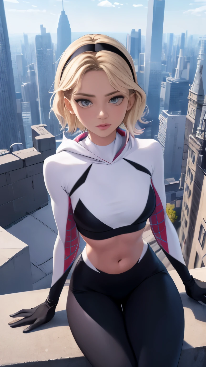 (Highly quality, masterpiece, detailed), city detailed scenario, city detailed background, solo, Gwen, blonde hair, multicolored hair, short hair, hairband, crop top, web-print, hood down, gloves, navel, sitting on top of a building, perfect face, beautiful eyes, look at the viewer, Sexy pose