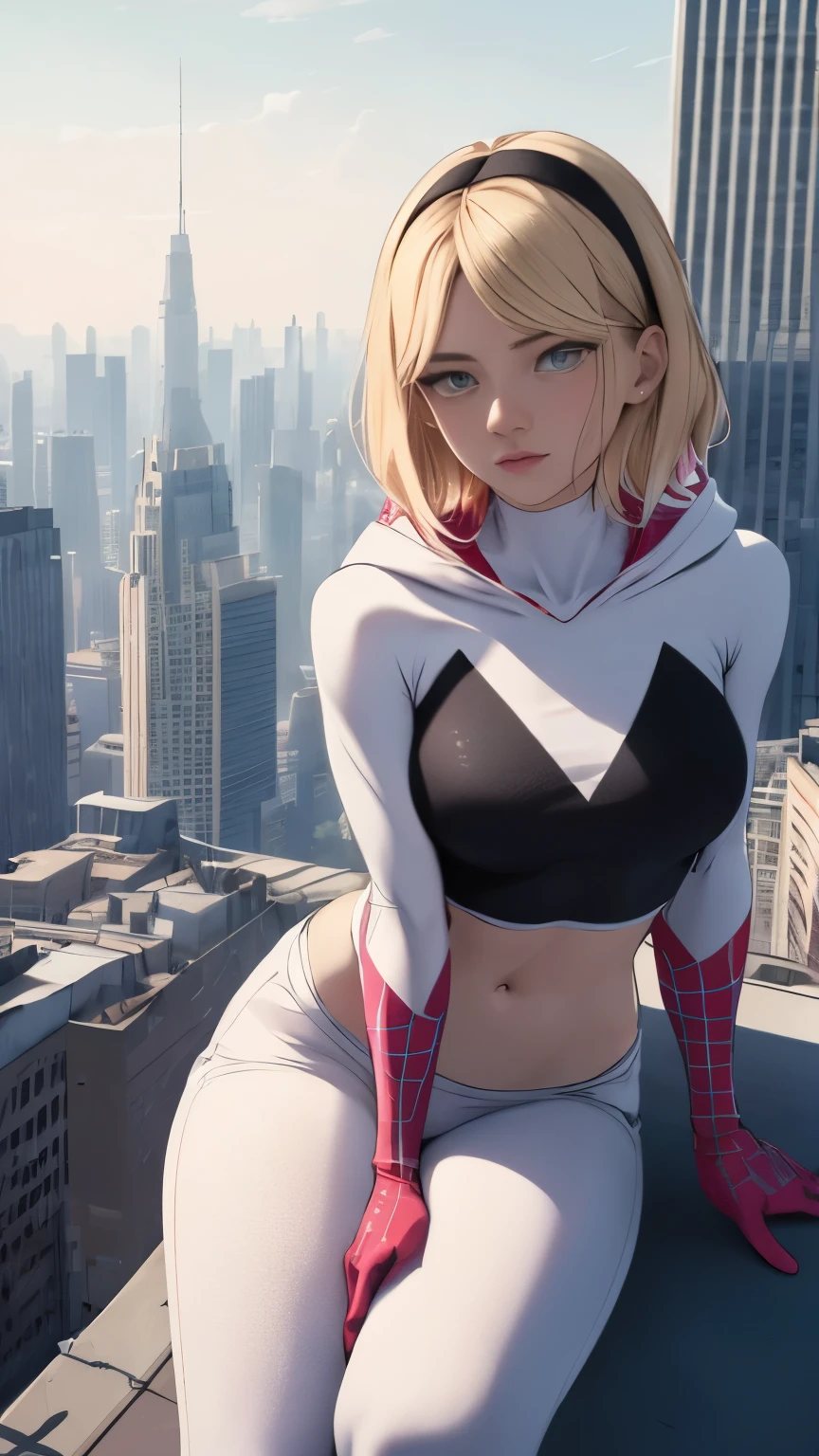 (Highly quality, masterpiece, detailed), city detailed scenario, city detailed background, solo, Gwen, blonde hair, multicolored hair, short hair, hairband, crop top, web-print, hood down, gloves, navel, sitting on top of a building, perfect face, beautiful eyes, look at the viewer, Sexy pose