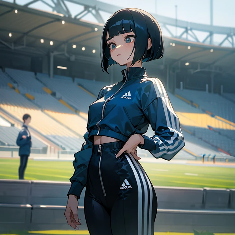 masterpiece、delicate details、tracksuit、Adidas Clothing（zip up）、thin waist、athlete、standing position、Slender beauty、cute、Bangs Patsun、Cropped bob cut、leggings、long eyelashes、Big eyes、athletics stadium、