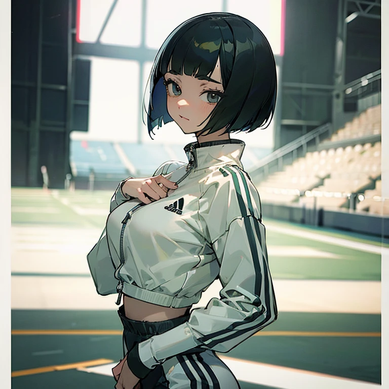 masterpiece、delicate details、tracksuit、Adidas Clothing（zip up）、big breasts、thin waist、athlete、While taking off my clothes、Slender beauty、Your face is so cute、Bangs Patsun、Cropped bob cut、spats、long eyelashes、Big eyes、athletics stadium、