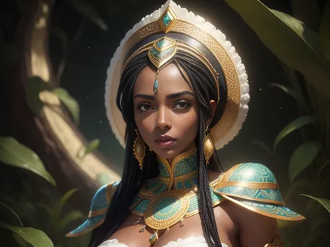 Ethiopian Fantastic african american woman, fantasy, forceful, luminescent, serene nature, digital painting, looking straight ah...