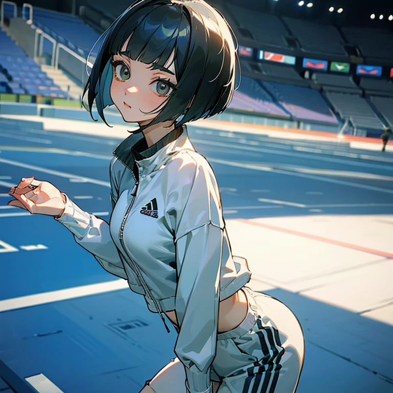 masterpiece、delicate details、tracksuit、Adidas Clothing（zip up）、big breasts、thin waist、athlete、While taking off my clothes、Slender beauty、Your face is so cute、Bangs Patsun、Cropped bob cut、spats、long eyelashes、Big eyes、light makeup、athletics stadium、