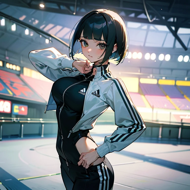 masterpiece、delicate details、tracksuit、Adidas Clothing（zip up）、big breasts、thin waist、athlete、sexy、While taking off my clothes、Slender beauty、Your face is so cute、Bangs Patsun、Cropped bob cut、spats、long eyelashes、Big eyes、light makeup、athletics stadium、