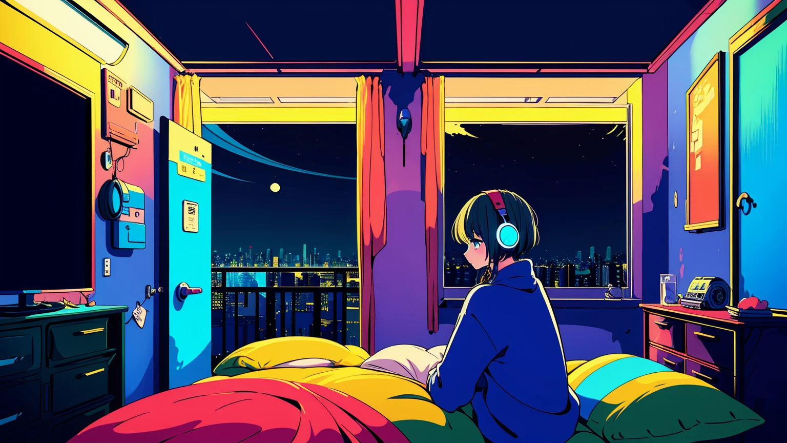 Ocean　Detailed anime girls, wearing a large sweater, Wear headband headphones, praise, quiet, quiet雰囲気, horrifying, Looking out from her bedroom, night, quiet night, Cat, masterpiece, highest quality,green,Can