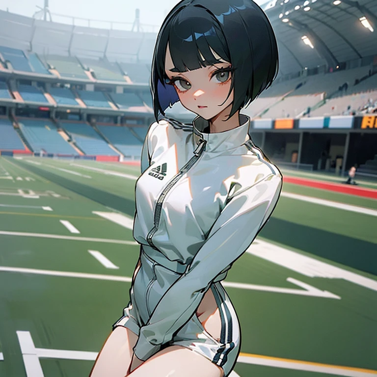 masterpiece、delicate details、tracksuit、Adidas Clothing（zip up）、modest chest、thin waist、athlete、sexy、While taking off my clothes、Slender beauty、Your face is so cute、Bangs Patsun、Cropped bob cut、spats、long eyelashes、Big eyes、light makeup、athletics stadium、beautiful legs、attractive look、