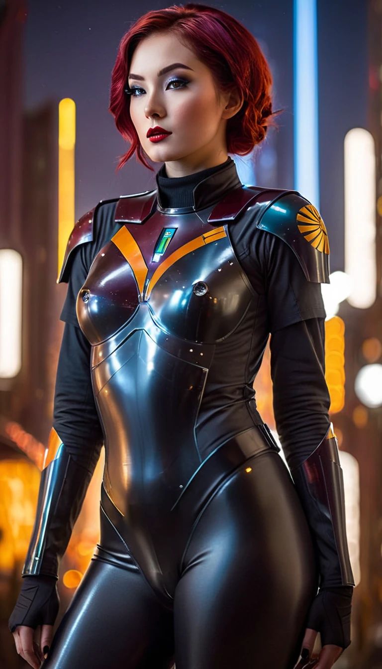 beautiful detailed eyes,thin waist,lovely figure,confident expression,tall and slender,redhead,standing in a futuristic city background,looking over her shoulder,
shiny metallic texture,reflection of the city lights on her latex bodysuit,perfectly fitting curves,
imposing imperial officer hat,impressive armor details,commanding presence,
striking contrast between the dark city and her vibrant red hair,
subtle shadows and highlights on her face,dynamic lighting emphasizing her features,
subtle lens flare in the background,adding a touch of sci-fi atmosphere,
vivid colors,enhancing the overall visual impact of the artwork,
meticulous attention to detail,realistically capturing the intricate design of the imperial officer uniform,
allure and seductiveness exuded by her stunning appearance,
capturing the essence of sabine wren, a strong and fierce character from the Star Wars universe,
emphasis on the sensuality and confidence of the woman depicted,
exuding an air of mystery and intrigue,
creating a visually stunning masterpiece that captivates the viewer's attention.