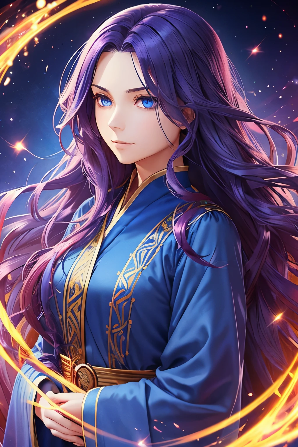 Woman, fair skin, bright blue eyes, long indigo hair that fades into violet, red, and gold at the tips, hair is thick, hair is wavy, hair is wild, modest blue robes with lots of embroidery, phoenix background