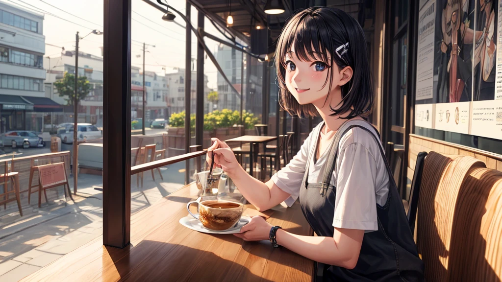 (original photo, best quality), 1 girl,  Naoha Kiritani, natural lighting, Upper body, cafes, Smile,
Satosh Khan Art Style