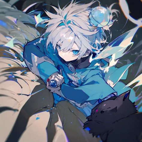 Silver hair，dark blue eyes，Boy in cyan clothes，Holding a silver bell，Looking at the unreal black cat with nostalgia