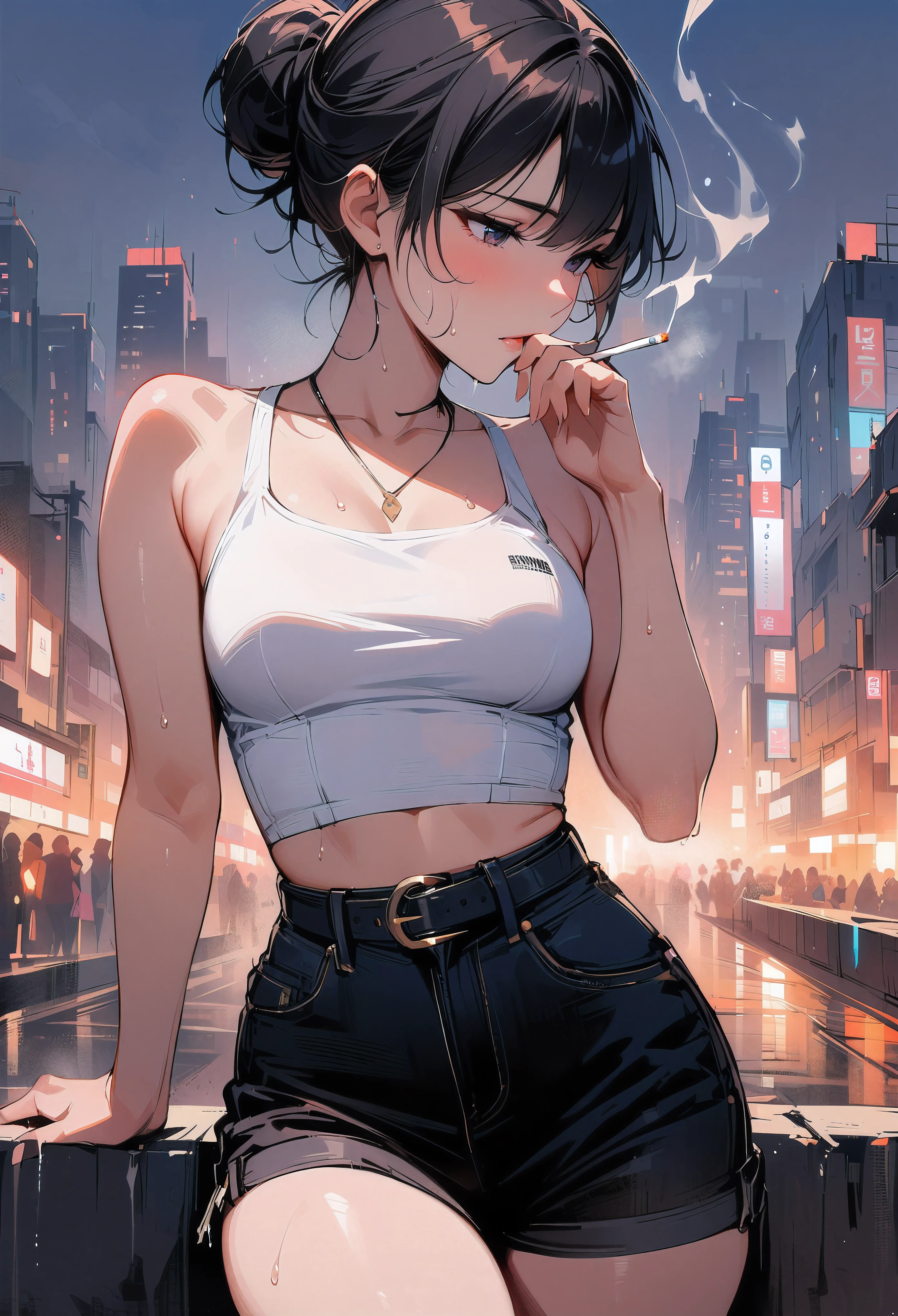 (masterpiece, best quality:1.2), 1 girl, alone , sexy , (cut-off_jean), white top ,cowboy shot, black hair ,hair bun, (Sweat),  (tokyo_background) , outdoor , smoking cigarette