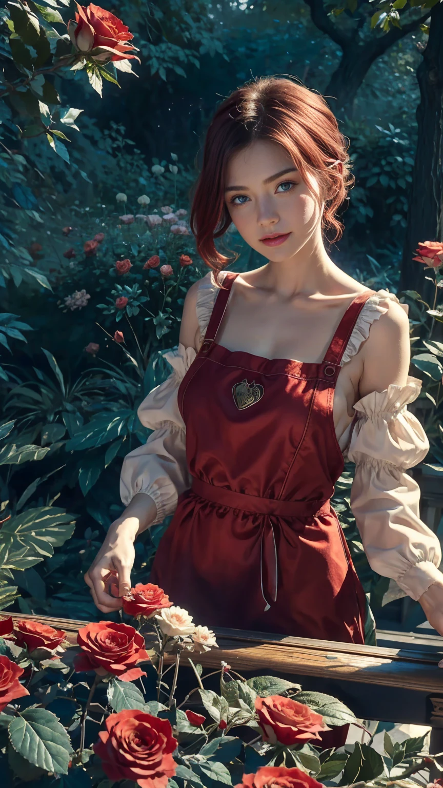 In the heart of the wonderland world a young beautiful girl with short red and white hair, florist clothing and rose apron. cutting red roses from her magical garden. curiosity, loving pose, in wonderland world, creates a loving atmosphere, energy and magic around her. The angle of the scene is dynamic, capturing the intensity of the moment, fine quality green eyes, eyes looking at the camera, ultra detailed, Beautiful and aesthetically pleasing, masterpiece, Best quality score, (fractal art: 1.3), Extremely detailed , dynamic angle, raytraced, middle body, close up, particles and hard lights, beautiful red roses